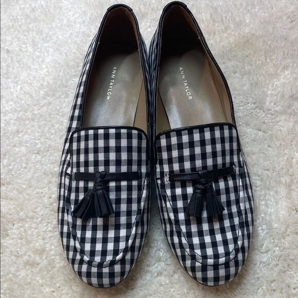 Ann Taylor Gingham Tassel Black White Checkered Flats Shoes Women’s Sz 7.5 - Picture 1 of 7